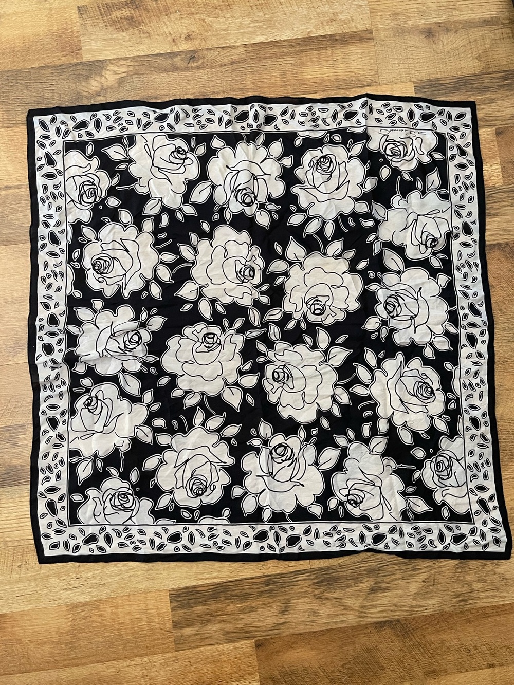 Vintage Oscar De Renta Scarf Black and White Roses